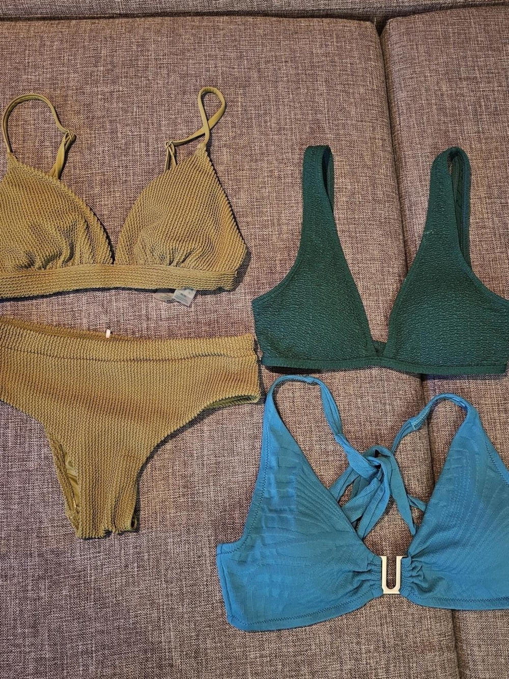 Roxy Olive, Teal, and Aqua Textured Mix Swim Set